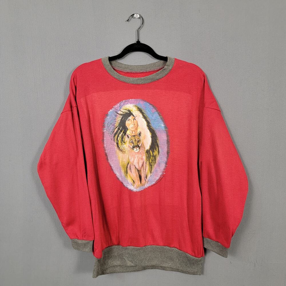 Vintage Cat Con Club Sweatshirt Women XL Pink Cougar Native Art USA 80s